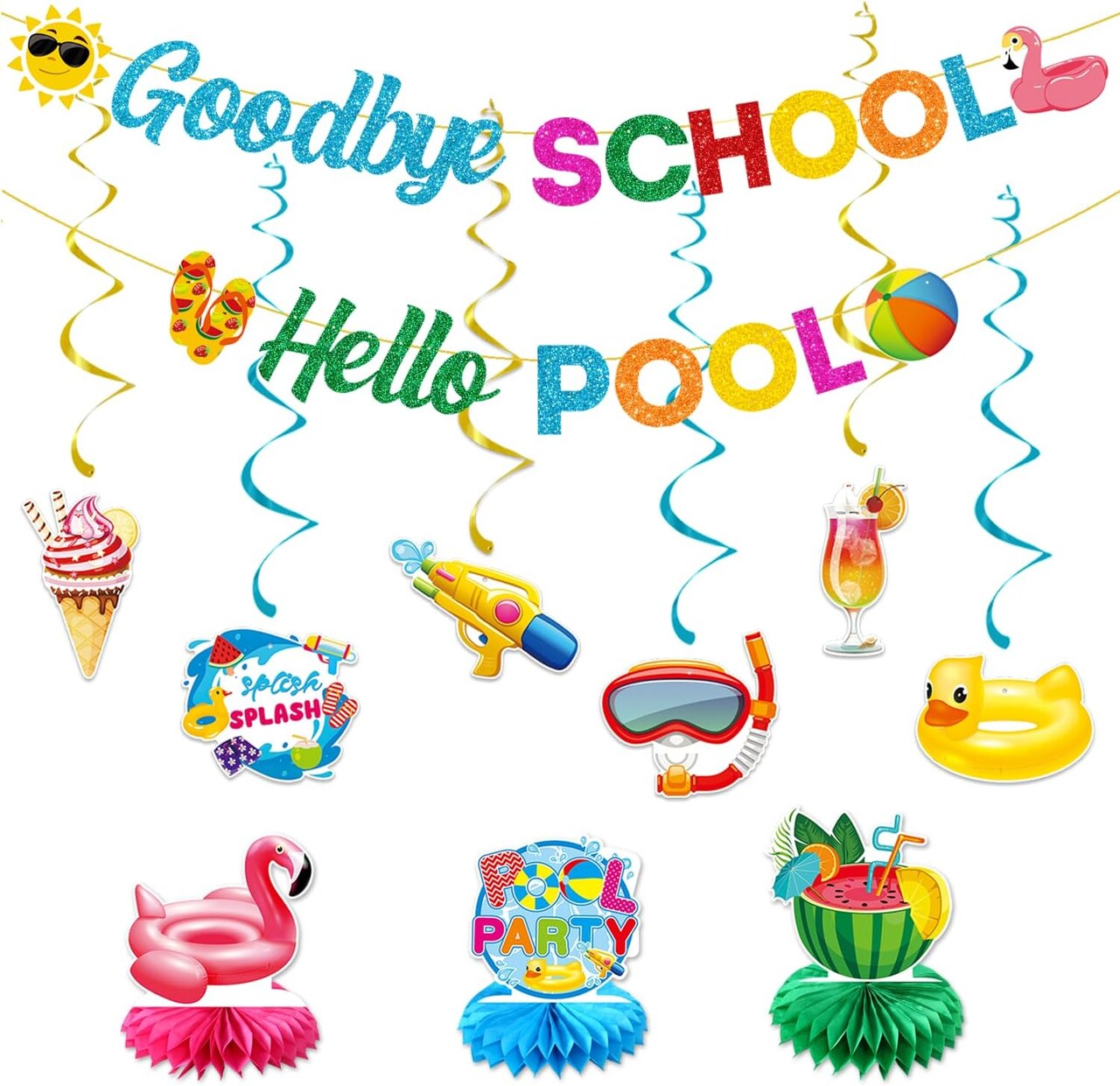 Glittery Goodbye School Hello Pool Banner with Colorful Sunglasses Slippers Flamingo beach ball Signs End of School Year Summer Vacation Banner Garland Beach Pool Splash Bash Summer Party
